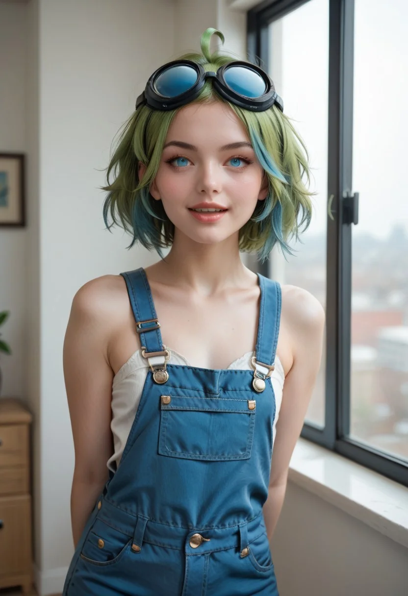 zPDXL3 , 1girl, shiny hair, shiny eyes, beautiful skin, eyelashes, bob cut, front side view, goggles on head, ahoge, pale skin, blue eyes, medium green hair with blue highlights, small natural breasts, flat chest, standing, leaning forward, arms behind back, plump lips, large window, blue overalls, cleavage, rating_safe, (happy, smile:0.7), tounge, open mouth,