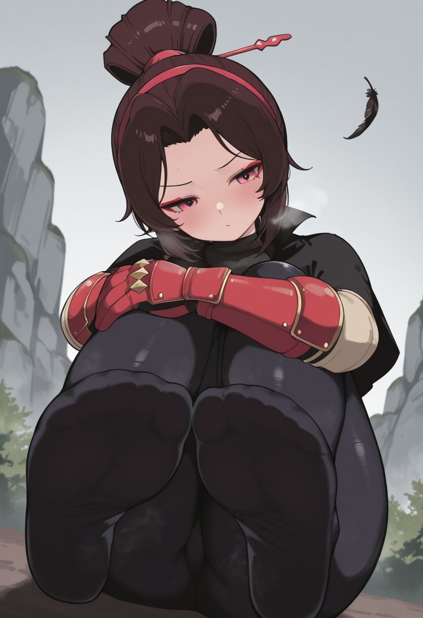 goriro,  outdoors, undershirt, falling feathers, black bodysuit, hair stick, hugging own legs, , gauntlets,   eyeshadow,   red gloves,  high ponytail,  , black capelet, red hairband, pink eyes, 1girl, solo, feet, visible breath,   dynamic angle, foreshortening, smell, steam,