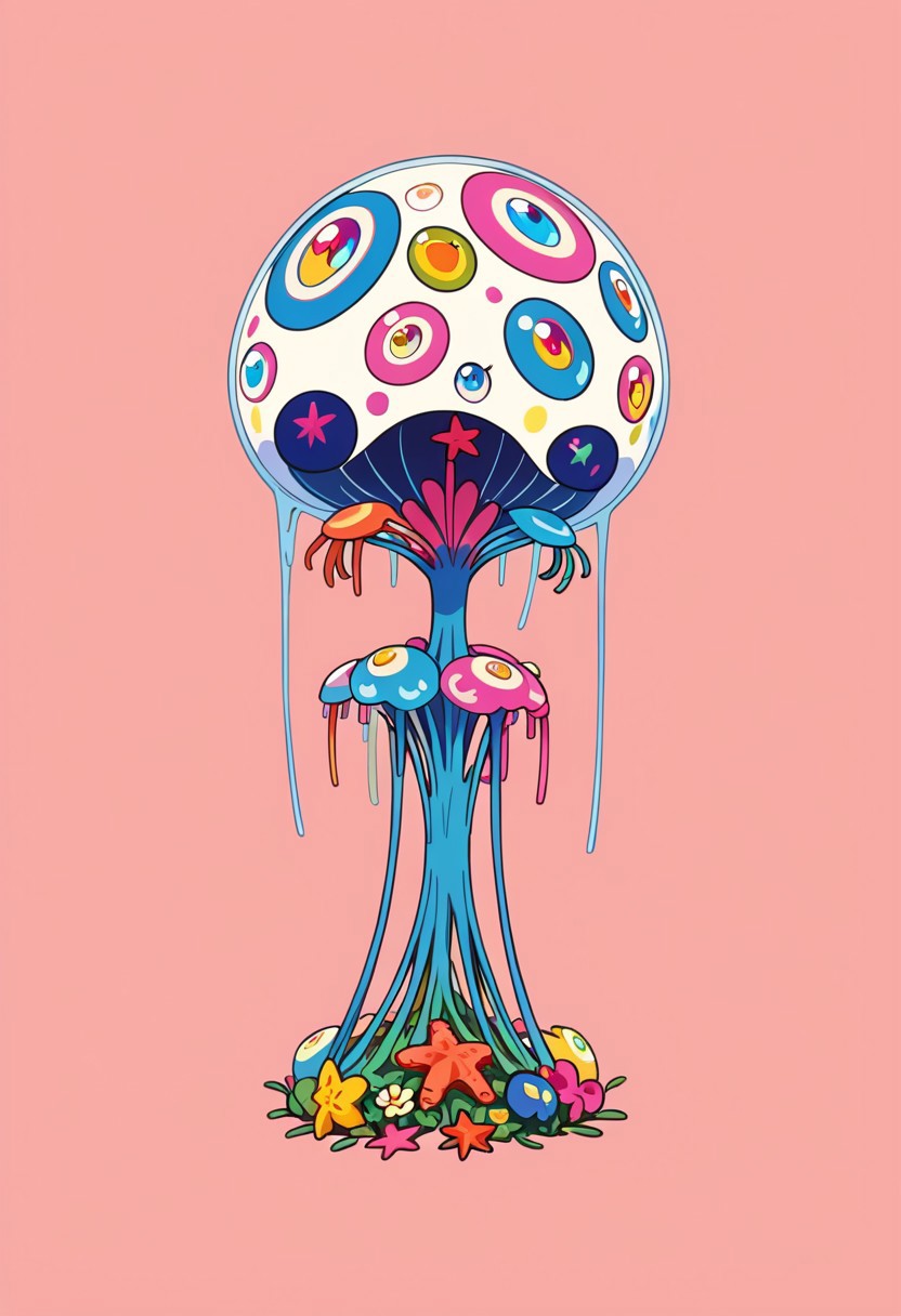score_9, score_8_up, score_7_up, 
(solo:1.3), 1other, alien creature, monster, claws, 
flat color, no lineart, simple background, no humans, happy, smile, joy, 
heterochromia, flower, multicolored eyes, looking at viewer, full body, animal, multiple eyes, 
jellyfish, starfish, magic, alien,