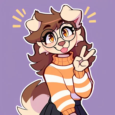 score_9_up, score_8_up, score_7_up, score_6_up, by remanedur, half-length portrait, brown hair, round glasses, furry female, dog, female, furry, floppy ears, yellow eyes, looking at viewer, solo, smile, happy, gesture, v sign, blep, tongue, three-quarter view, head tilt, sweater, orange striped sweater, black skirt, black socks, thigh socks, tail, simple background, white outline, <lora:Leah_Pines(AIM)_XL_v1:0.25> <lora:PDXL_artist_tags_v2_big:0.6> <lora:The-Minuscule-Task_PDXL_v1.0:0.6> <lora:Buttercup_Jayrnski:0.5>