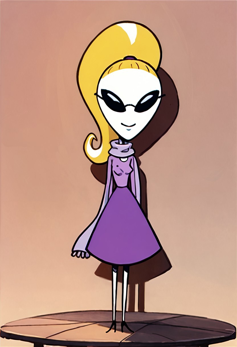 score_9, score_8_up, score_7_up BREAK YvetTO, 1girl, blonde hair, ponytail, pale skin, black eyes, black alien eyes, alien, black sunglasses, long-sleeved light purple shirt, lavender scarf, purple skirt, high-heeled shoes, smiling at viewer,