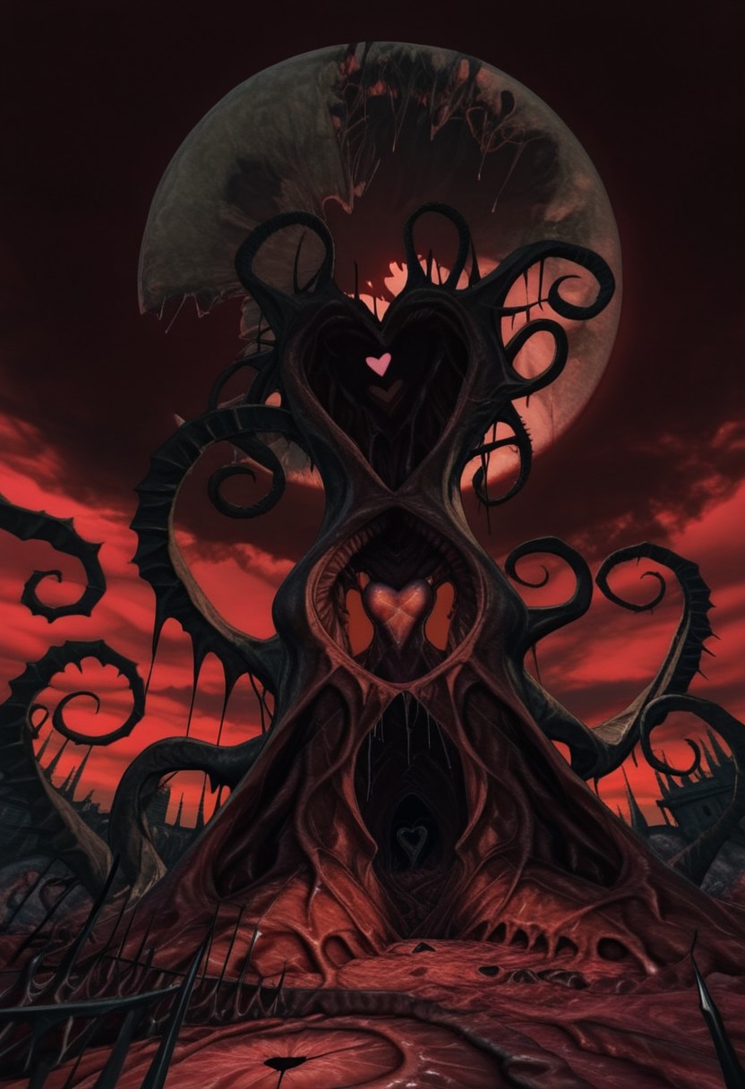 AMAZING QUALITY, MASTERPIECE, W1CK3D, SCENERY, RED SKY, CLOUDY, BROKEN MOON, NIGHTMARE, ELDRITCH, FLESH, RED THEME, GLOWING LIGHTS, HEART