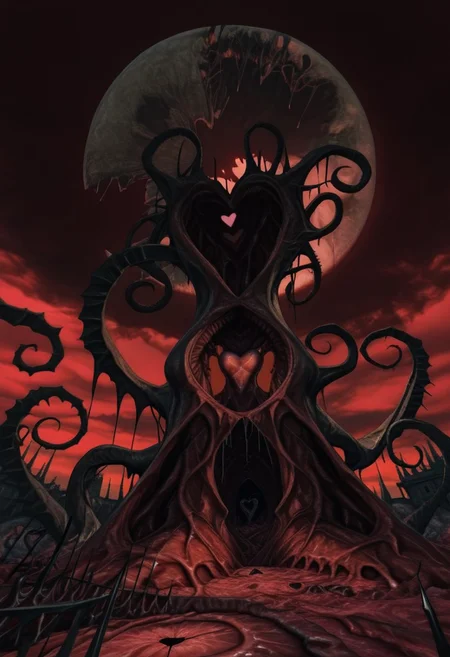 AMAZING QUALITY, MASTERPIECE, W1CK3D, SCENERY, RED SKY, CLOUDY, BROKEN MOON, NIGHTMARE, ELDRITCH, FLESH, RED THEME, GLOWING LIGHTS, HEART