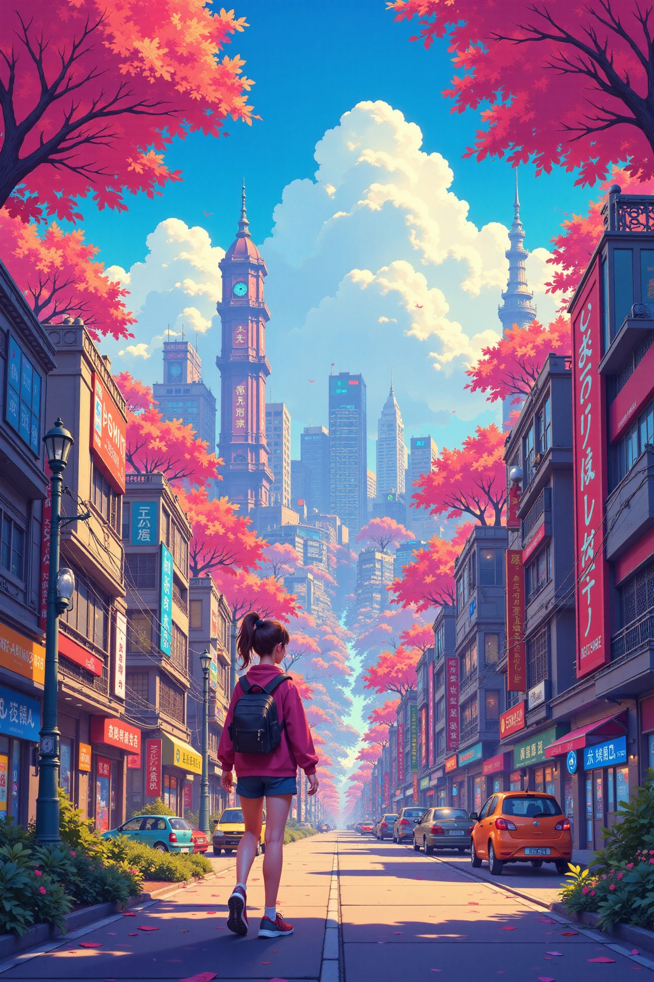 cyberpunk city beautiful  anime landscape, early morning, woman, very intricate, very detailed, sharp, bright, colorful, <lora:Hand v2:0.5> <lora:Anti-Blur:1><lora:Insane Detail Slider:0.25>  <lora:flux.1_lora_flyway_Epic-detail_v2:0.3> <lora:fluxenhancer:0.25> <lora:ROWER:0.6> <lora:flux-charmer-v1-1:0.4> <lora:cute_illustration:1> cute and stylized digital illustration, whimsical, vibrant