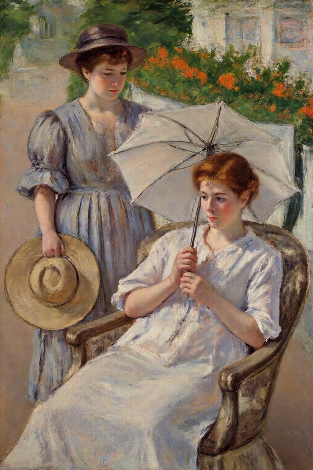 marycassatt1 painting.
hemc1. two women in a lush, sunlit garden setting. In the foreground, the woman on the right sits in a chair, holding a large, white umbrella that casts a gentle shadow on her lap. Another woman stands behind her, holding a wide brim hat in her hand. 
 <lora:marycassatt1_cap_d6a3e17:1.0><lora:833905447405732803:0>