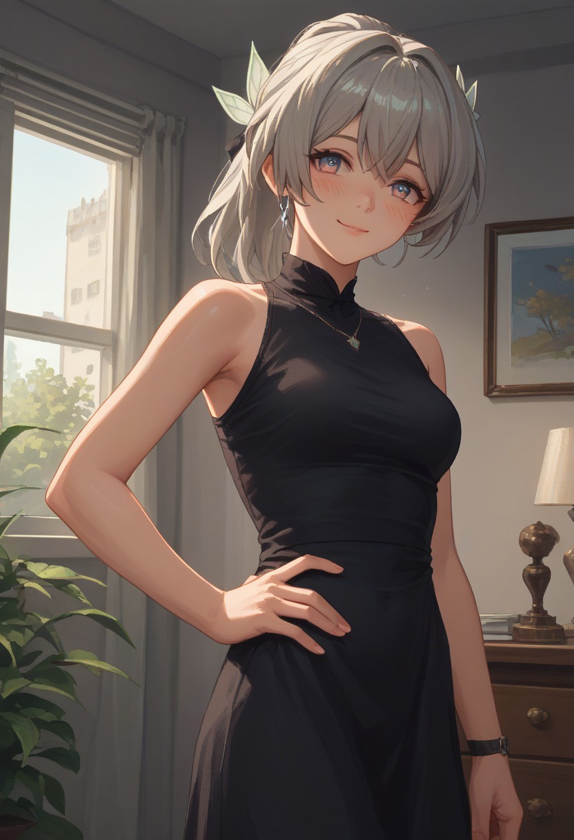score_9, score_8_up, score_7_up, socre_6_up, score_5_up, best quality, expressive eyes, perfect face, ratting_safe, , d3p1x3l, pixel art, scenery, solo,score_9,score_8_up,score_7_up, solo, soft light, high res, super detailed, 1girl,  bedroom, alarm clock, morning routine, , smile, looking at viewer, standing, hand on hip, solo, cowboy shot, dutch angle, , black dress,  blush, Firefly_Honkai, grey hair,  ponytail,