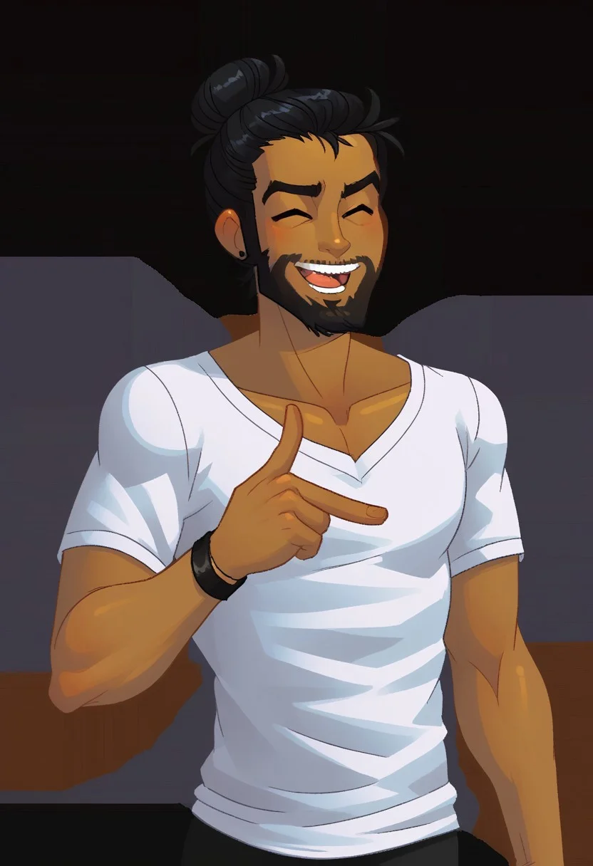 1BOY, SOLO, (dmitri, male, SFW, human, date, blush blush uncut, facial hair, closed eyes, 1boy, smile, open mouth, shirt, male focus, teeth, beard, white background, jewelry, hair bun, bracelet, tongue, single hair bun, collarbone, simple background, pointing, happy, black hair)