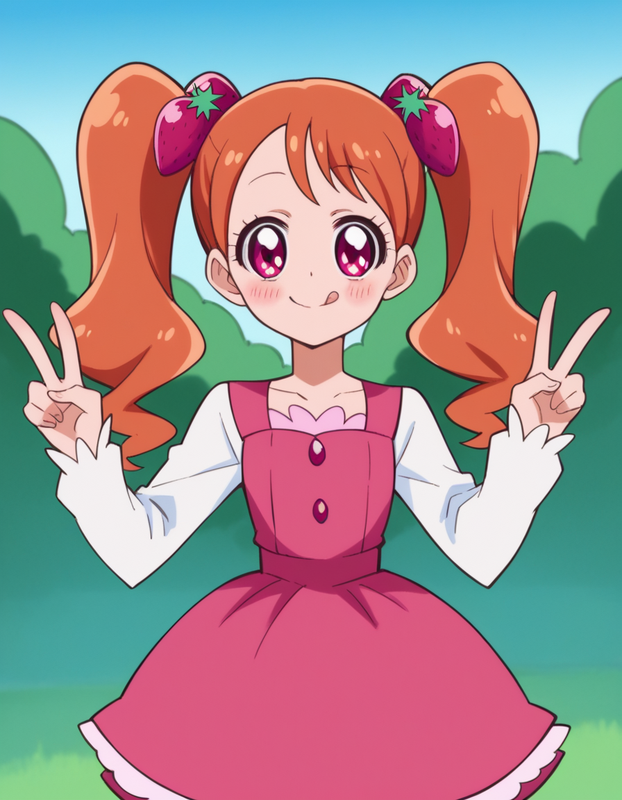 score_9, score_8_up, score_7_up, source_anime,
<lora:ichika-usami-anime-ponyxl-lora-nochekaiser:1>, ichika usami, hair ornament, twintails, pink eyes,
orange hair, long sleeves, dress, pink dress, food-themed hair ornament, strawberry hair ornament,
outdoors, smile, blush, v, v over eye, tongue,
looking at viewer, cowboy shot, dutch angle, solo,