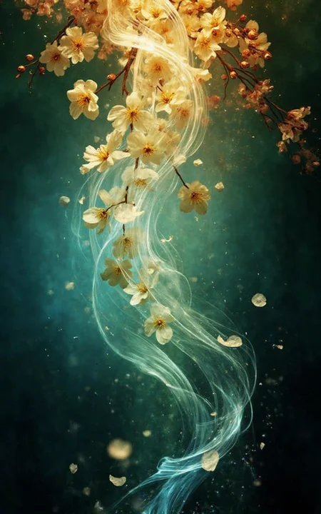 Photorealistic macro photography, capturing swirling, luminous forms reminiscent of a lava lamp, but composed of blooming cherry blossoms. The blossoms cascade through a deep indigo and emerald green environment, illuminated by soft, diffused golden light. Delicate petals drift and intertwine, creating a sense of tranquil motion and otherworldly beauty. The composition utilizes the rule of thirds, with a shallow depth of field emphasizing the foreground blossoms against a softly blurred background, evoking a dreamy, nostalgic atmosphere. <lora:light from below style v1:0.75> light from below style, light from below, Underlighting