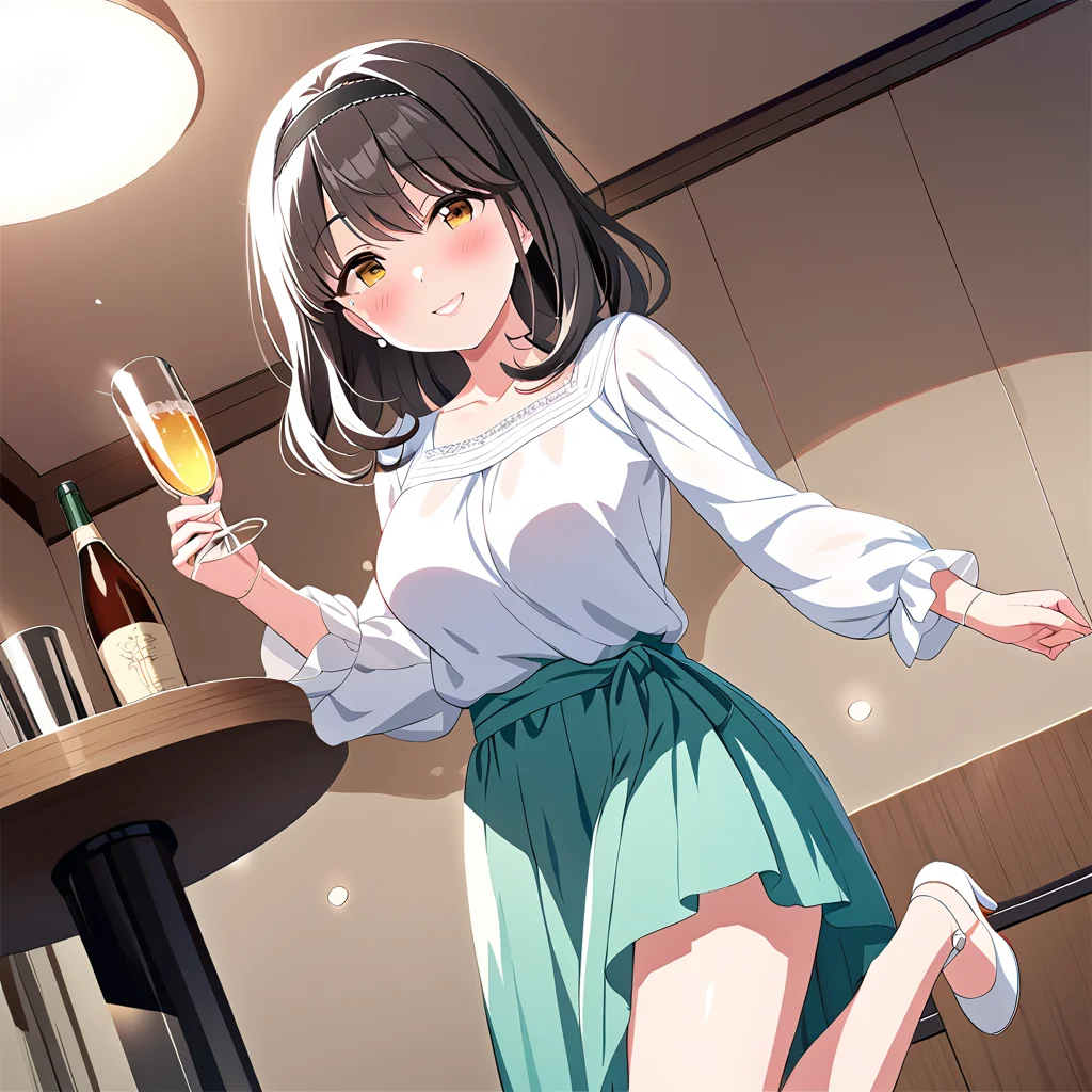 masterpiece,saeki haruko,1girl,solo,blush,casual hairband,casual3 blouse,casual3 skirt,white high heels,smile,looking at viewer,<lora:SaekiHaruko:0.8>,Cinematic Lighting,drunk,standing,indoor,clubroom,