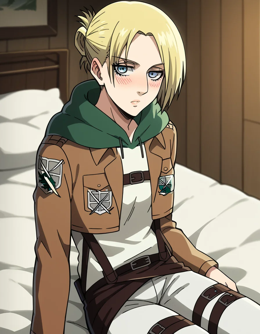 score_9, score_8_up, score_7_up, source_anime, <lora:anni-leonhart-s1-ponyxl-lora-nochekaiser:1>, annie leonhardt, short hair, blue eyes, blonde hair, folded ponytail,, <lora:paradis-military-uniform-ponyxl-lora-nochekaiser:1>, paradis military uniform, belt, cloack, cropped jacket, emblem, green cloak, jacket, long sleeves, pants, shirt, thigh strap, uniform, white pants, white shirt, brown jacket,, indoors, bed, bed room, on side, blush, drunk, looking at viewer, solo,, cowboy shot, dutch angle