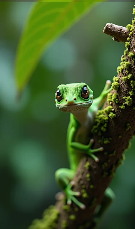 HEIC IMG 2312 RC3,
In the image,there is a close-up of a vibrant green gecko clinging to a moss-covered tree branch. The gecko's rich green color harmonizes beautifully with the surrounding foliage. Its textured skin and large eyes with vertical pupils stand out against the softly blurred green and brown tones in the background,creating a sense of depth and realism. The details of the moss and the branch add a textural contrast and enhance the natural habitat feel. The background is blurred,allowing the focus to remain on the gecko,highlighting its vivid colors and detailed features.,
<lora:FLUX.1-Turbo-Alpha:1>,<lora:UltraRealPhoto:1>,amateurish photo,