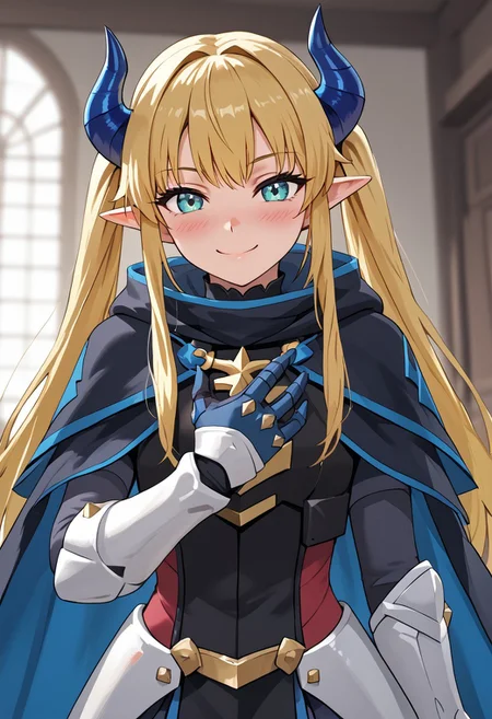 score_4,score_5,score_6,score_7_up,score_8_up,score_9 ((masterpiece,best quality,ultra detailed,highres,HD,4k:1.2)),
((shining highlights)),
1 cute girl,solo,girl focus,solo focus,face focus,
indoors,
very long hair, yellow hair, aqua eyes, Twin tails, blue horns, two horns,side locks, sidelocks, elf ears,
cape, cloak, armor, spikes, gauntlets,
looking at viewer,blush,proud smile, cheeky smile,doyagao,