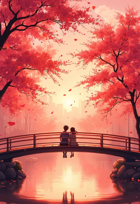 bo-romance, a digital artwork depicting a serene, autumnal scene, the scene is dominated by vibrant red cherry blossom trees, their branches swaying gently in the breeze, creating a soft, ethereal glow, the trees are adorned with delicate petals in various shades of red, adding a romantic, almost dreamlike quality to the scene, in the foreground, a small bridge crosses a calm, reflective body of water, reflecting the warm, orange hues of the sky and the trees, the bridge itself is made of metal and has a modern, minimalist design, with a few wooden railings and handrails on either side, two figures, a man and a woman, are seated on the bridge, facing each other, their silhouettes illuminated by the soft, warm light of the setting sun, casting a warm glow on the scene and creating a sense of tranquility, the background features a blurred, abstract cityscape, adding depth and perspective to the image, the overall style is reminiscent of traditional japanese anime art, with clean lines and a vibrant, almost ethereal quality<lora:boFLUX Romance Abyss.safetensors:1.0:1.0>