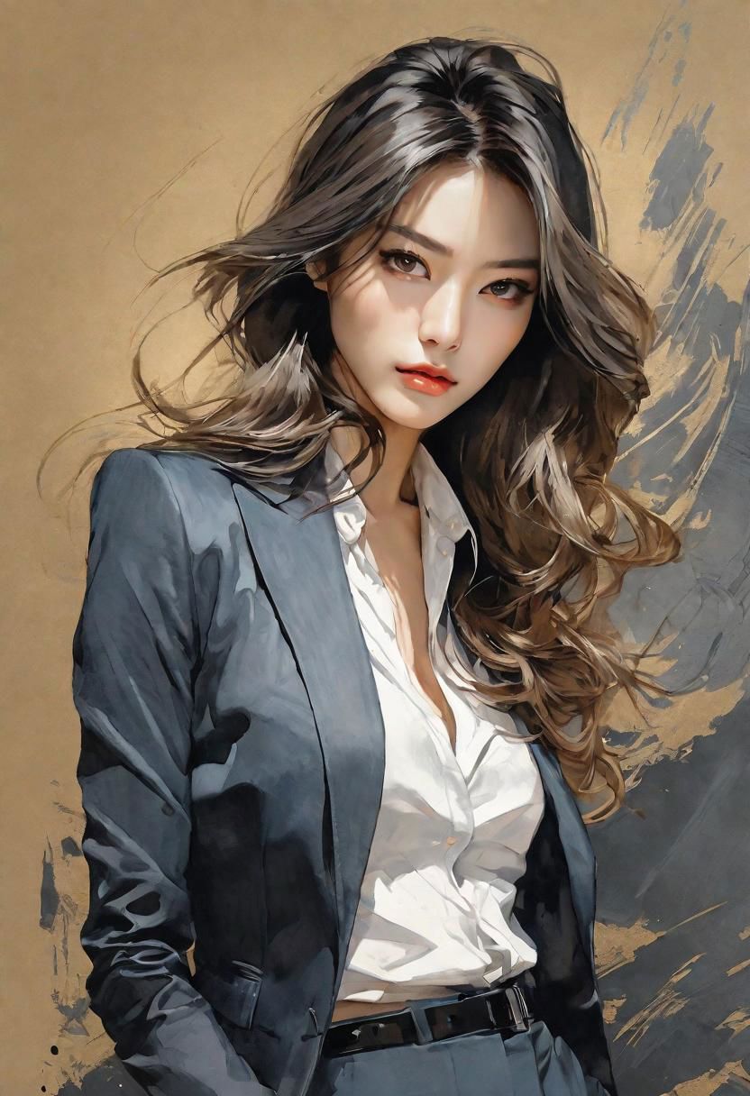 close-up, masterpiece, best quality, 8K,HDR, RGB, oil paints, watercolor, ink, sharp details, detailed shape, detailed line, manga art, Yang Jay, portrait, woman in suit, jacket, miniskirt, cleavage, posing for a painting, in motion, camera side view, dark tinted paper background, side light, photorealistic painting, art movements, The Art of Hikozo Ito, Studio Ghibli Genshin Impact