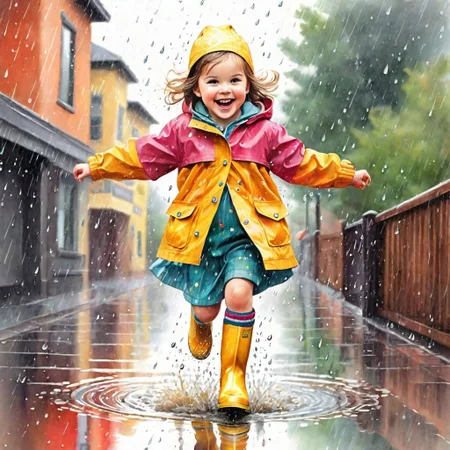Pencil drawing, warm colors, young child jumping in a rain puddle, she wears rain boots, she wears colorful children's clothing, being happy and innocent,