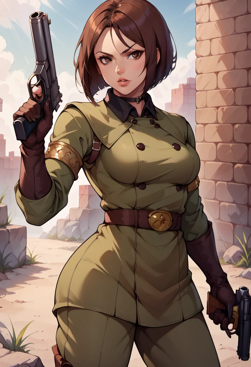 score_9, score_8_up, score_7_up, source_anime, BREAK <lora:KOFWhip:1>, KOFWHP, brown hair, short hair, brown eyes, military uniform, thighlet, gloves, belt, armlet, gun, holding gun, brick wall, aiming, breasts, 1 girl, solo, parted , cowboy shot, parted lips,