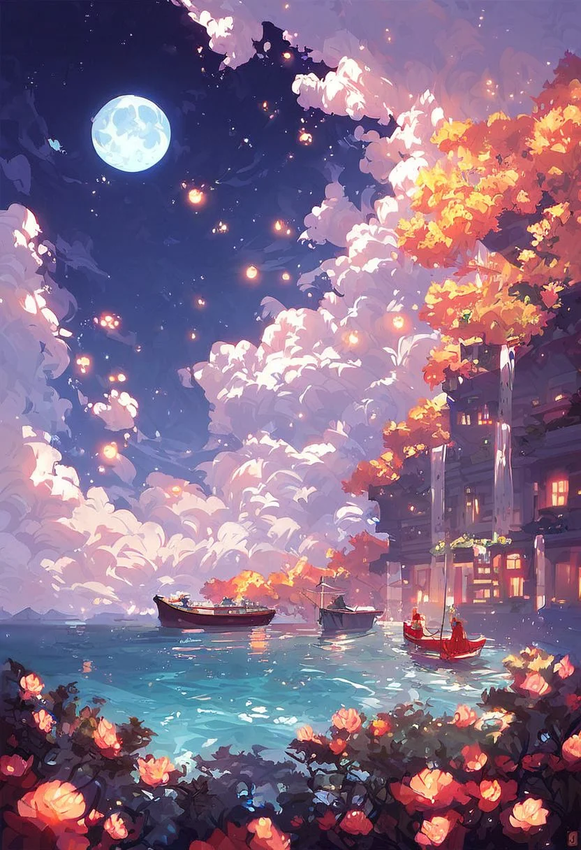 score_9, score_8_up, score_7_up, koi fishes, moon, night sky, water, beautiful, holy, calm, scenery, clouds, shower, boat, floating lanterns, landscape.
Longwang, water god dragon, vast ocean, dragons flying up.