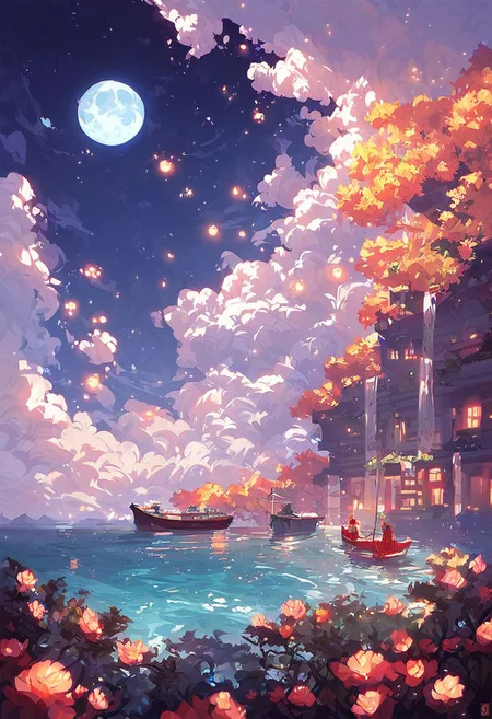 score_9, score_8_up, score_7_up, koi fishes, moon, night sky, water, beautiful, holy, calm, scenery, clouds, shower, boat, floating lanterns, landscape.
Longwang, water god dragon, vast ocean, dragons flying up.