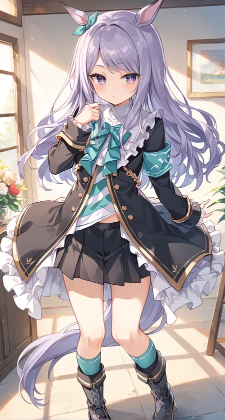 score_9,score_8_up,score_7_up,
official art,official style,game cg,megami magazine,
1girl,
mjm race,mejiro mcqueen (umamusume),
animal ears,black jacket,black skirt,blush,bow,ear ribbon,frilled jacket,frilled sleeves,
frills,green bow,green ribbon,horse ears,horse girl,horse tail,jacket,long hair,long sleeves,
purple eyes,purple hair,ribbon,skirt,striped,swept bangs,tail,highres,violet eyes,
bowtie,green bowtie,bangs,black footwear,boots,socks,eyebrows visible through hair,pleated skirt,
ear bow,striped shirt,
standing,
<lora:umamusume_mejiro_mcqueen_pony_v1:1>,