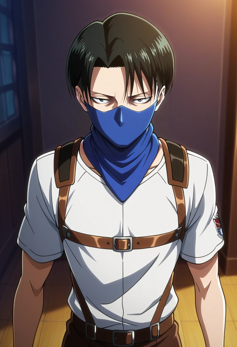 masterpiece, best quality, , anime screencap, , , looking at viewer, , 1boy, solo, male focus, <lora:levi_ackerman_ilxl:0.9>, levi_ackerman, black hair, black eyes, short hair, curtained hair, paradis military uniform, ascot, , , Azure Geometric Georgette Tailored shorts, Baseball shirt, , Balaclava,