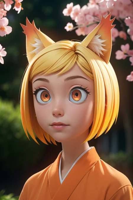 (masterpiece, best quality:1.2), highres, best illustration, 8k wallpaper, (Traditional Media), (2d:1.2), wide shot, (dynamic angle:1.1), , outline, ((thick lineart)), cover, stylish, official art, (details:1.2), (fantasy), garden, (bloom:1.1), glow:0.2, shadow, nature, cherry blossoms, particles, (depth of field), sharp focus, (volumetric lighting), (bokeh:0.6), film grain:0.4, day, (soft lighting:1.1), Youukkoo, looking at viewer, short hair, blonde hair,  orange eyes, fox ears, orange kimono,  looking at viewer  <lora:Sengoku_Youko_00_01:1>