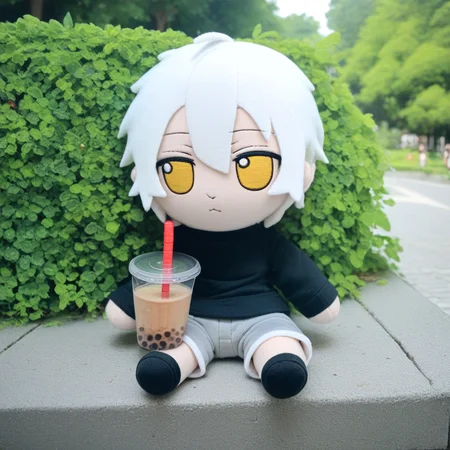 score_9_up, score_8_up, score_7_up, fumo, fumos, plushie, cute, toys, dolls, toy, fumo style, Fumo plush doll, fumo \(doll\), white hair, yellow eyes, park, holding, bubble tea, black sweater, gray shorts, 1boy, solo