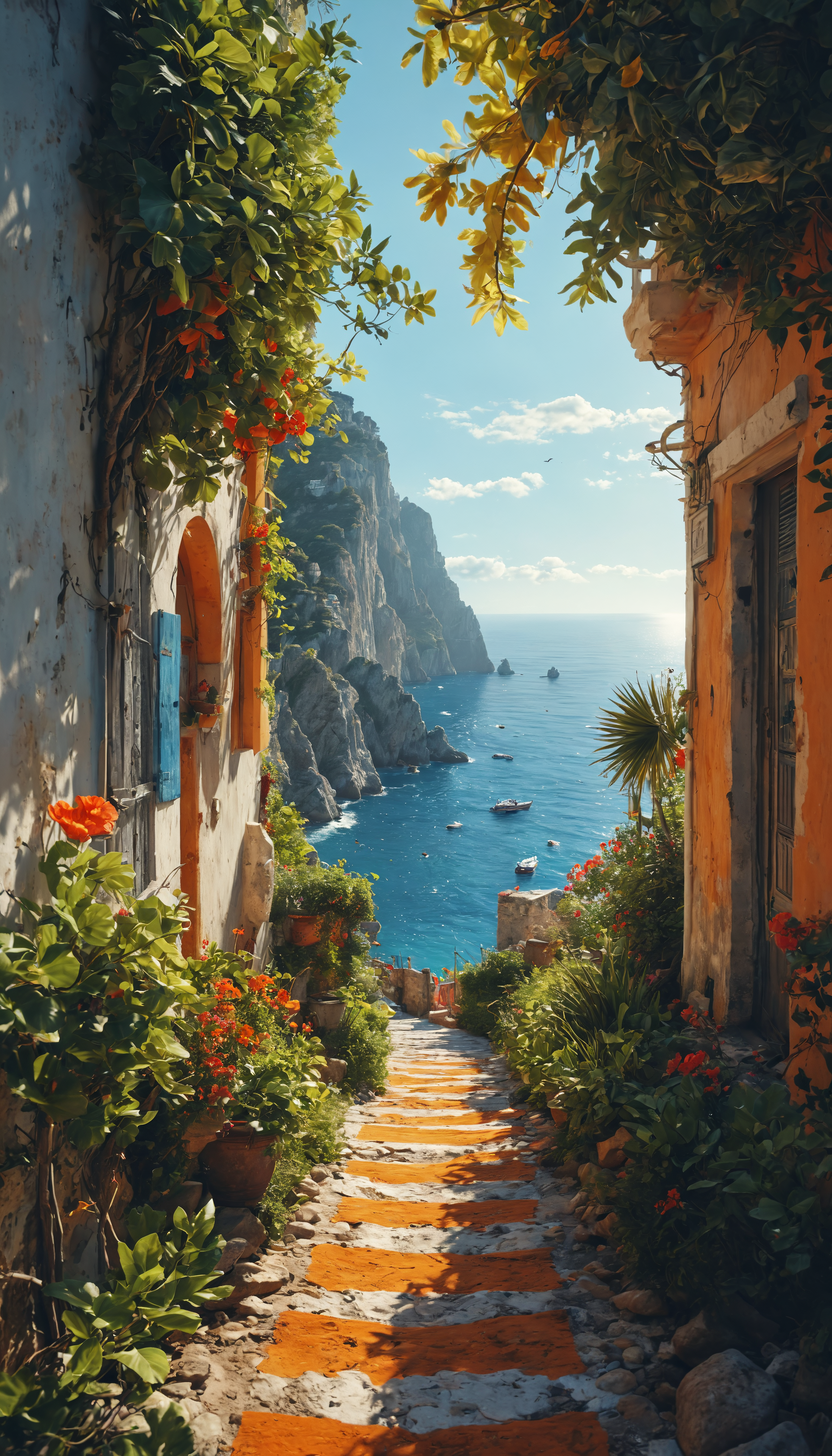 masterpiece, A view down a path to the ocean at Capri, bright sunny afternoon, vibrant, cinematic lighting, extreme details, bright, colorful, sharpness, 8k resolution, aesthetic octane render, trending on artstation, masterpiece, digital illustration <lora:MJ52:0.5> <lora:add-detail-xl:1>