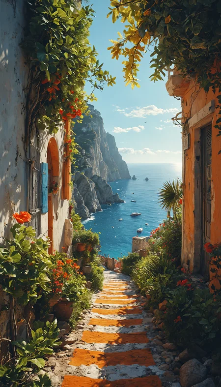 masterpiece, A view down a path to the ocean at Capri, bright sunny afternoon, vibrant, cinematic lighting, extreme details, bright, colorful, sharpness, 8k resolution, aesthetic octane render, trending on artstation, masterpiece, digital illustration <lora:MJ52:0.5> <lora:add-detail-xl:1>