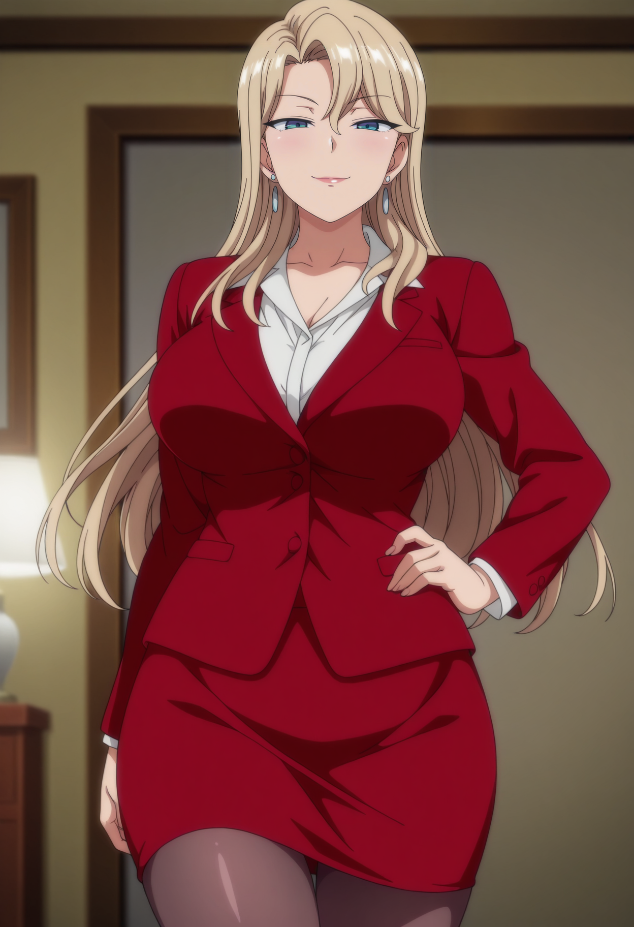 1girl,solo,mm,mature female,long hair,blonde hair,earrings,blue eyes,large breasts,anime coloring,
formal,red jacket,white shirt,red skirt,pantyhose, hand on own hip, looking at viewer, smile,indoors
,masterpiece,best quality,amazing quality,<lora:Reika_Kurashiki-Saimin_Seishidou_ix:0.8>