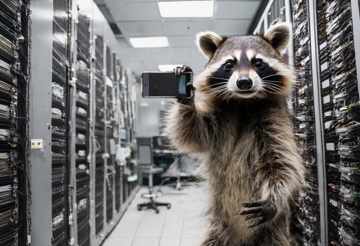 funny racoon selfie, taking selfie, in a messy server room, lagging screens on walls, servers racks, looking at viewer