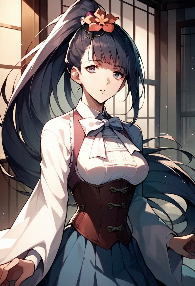 score_9,score_8_up,score_7_up,source_anime, Ayame Yomogawa,1girl,solo,breasts,looking at viewer,shirt,hair ornament,long sleeves,bow,upper body,flower,parted lips,hair flower,wide sleeves,bowtie,high ponytail,white bow,corset,white bowtie,