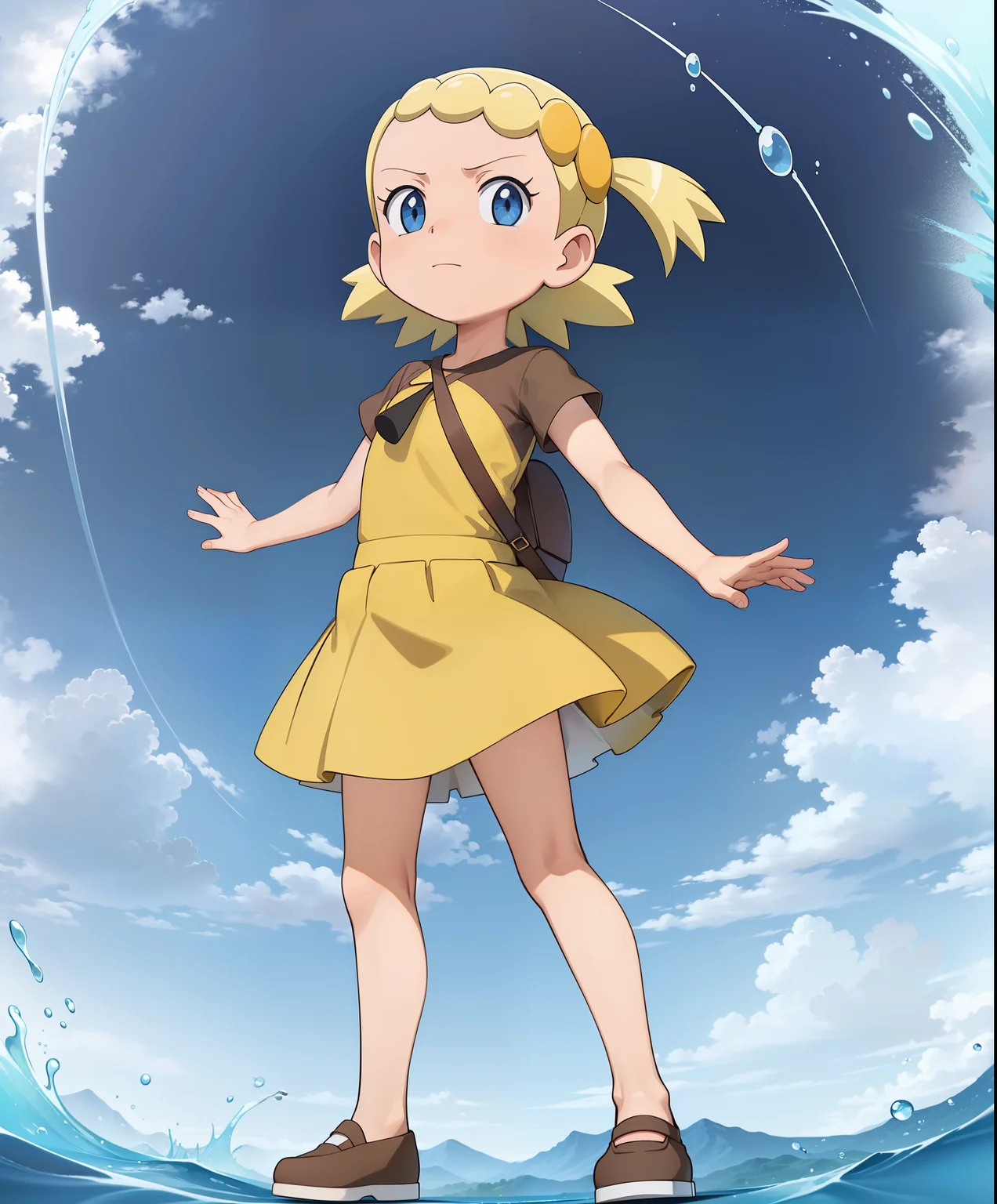 <lora:Bonnie:0.65>, masterpiece, best quality, highres, ultra-detailed,, 1girl, Bonnie, skirt, shirt, closed mouth, standing, full body, short sleeves, shoes, brown shirt, child,, hidden hands, hand back,, ((((ultra illustrated style:1.0)))) ,best animated, ray tracing, global illuminatio