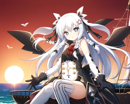 <lora:Sonya_-_Sankai_Ou_no_Yubiwa_-_ã¨ã¦ã·ã¥ãªã¼_çæµ·çã®åç°_-_Eushully:1>,sonya,long hair,blue eyes,star-shaped pupils,gloves,braid,white hair,thighhighs,star (symbol),black gloves,ribbon,wings,star hair ornament,striped,simple background,ship,ocean,sunset,, score_9, score_8_up, score_7_up,source_anime,(masterpiece),(best quality),(ultra-detailed),(best illustration),(best shadow),(absurdres),(detailed background),(very aesthetic),source_anime
