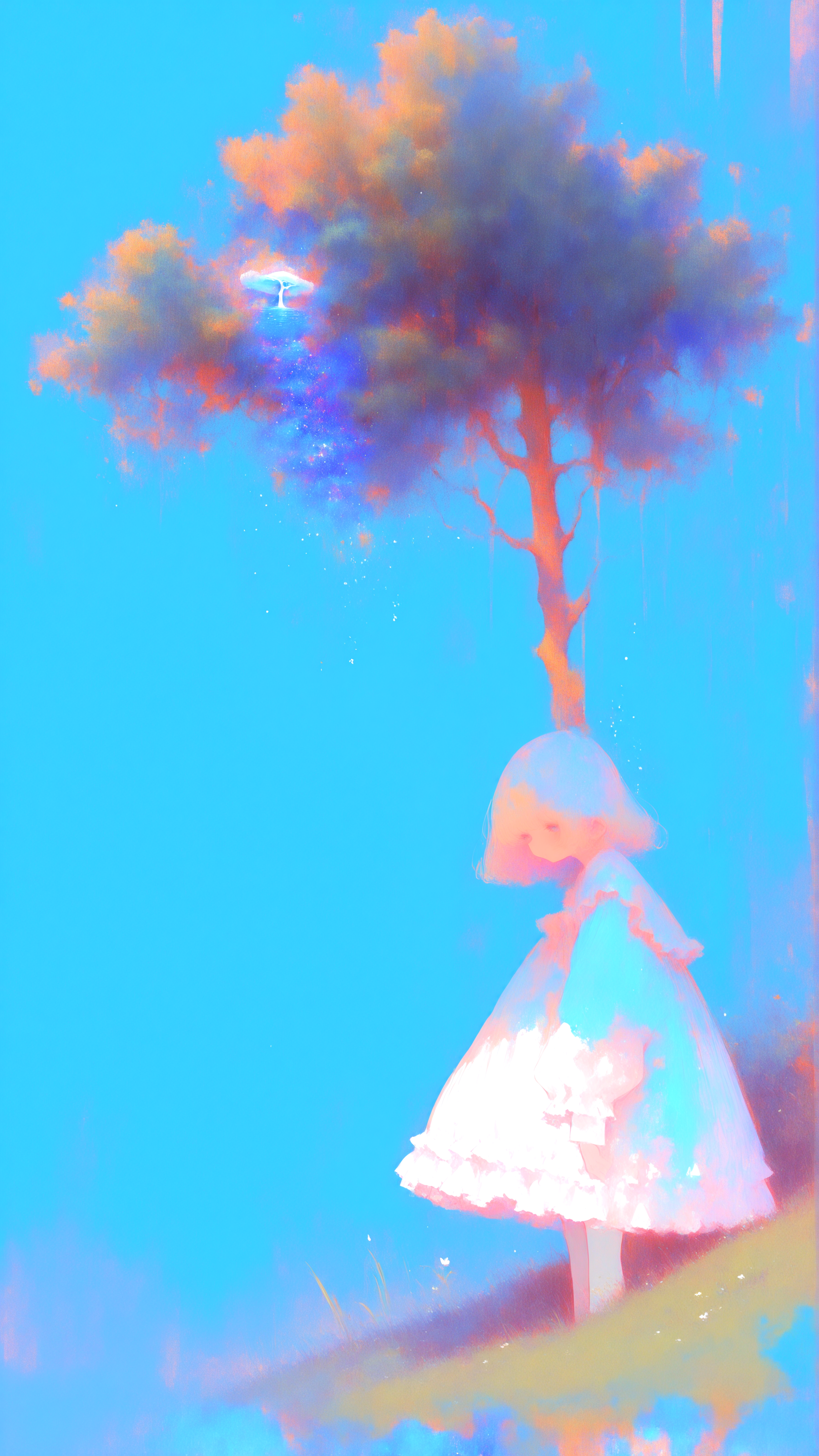 masterpiece, newest,absurdres,incredibly absurdres, best quality, amazing quality, very aesthetic, surreal, painterly, 
1girl, blue hill, behind tree, frilly dress,
 <lora:0__11Xx:1> 0__11Xx_illu  <lora:bW9tb3dhYWFp-illustriousXL_v01_V1-CAME:1> bW9t