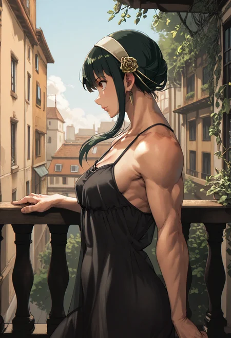 score_9, score_8_up, score_7_up BREAK 1girl, solo, yor briar, from side, black nightgown, spaghetti strap, muscular female, bare shoulders, thick thighs, balcony, morning <lora:mikel4hands_pd:1>