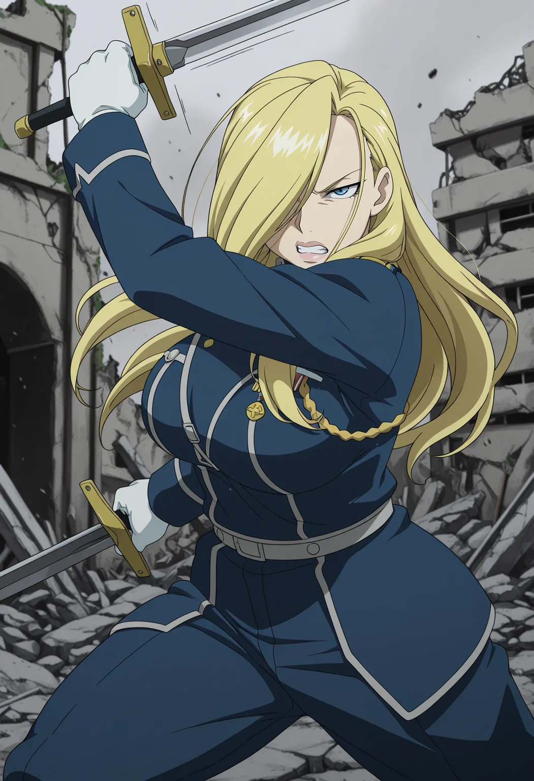 1girl,solo,mm,mature female,blonde hair,long hair,hair over one eye,blue eyes,lips,large breasts,anime coloring,
military uniform,gloves,holding sword, dynamic pose, ruins,outdoors,motion lines, clenched teeth,
,masterpiece,best quality,amazing quality,<lora:Olivier_Mira_Armstrong-Fullmetal_Alchemist_IL:0.8>