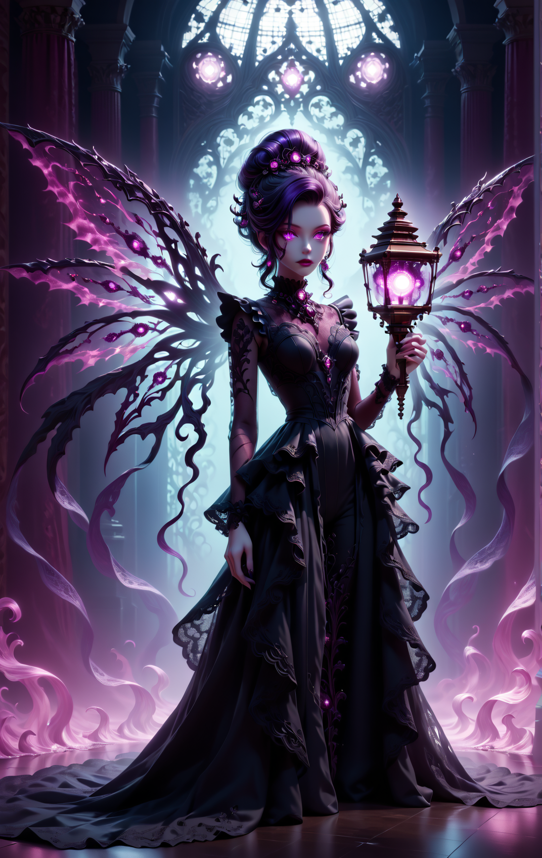 score_9, score_8_up, score_7_up, score_6_up, MyNewFantasy, Digital artwork, dark fantasy surreal style, enchanting woman standing, grand ornate chamber, dimly lit atmosphere, 19th-century gothic gown, high waist silhouette, flowing voluminous skirt, rich deep indigo and violet hues, intricate lace detailing, slightly translucent fabric, holding an ornate antique lamp, warm soft glow, casting dramatic shadows, massive glowing otherworldly eye, slowly opening, haunting gaze fixed on her, swirling dark mist, vibrant accents of emerald and crimson, ethereal beauty amidst darkness, ornate gothic decor, shimmering candlelight
