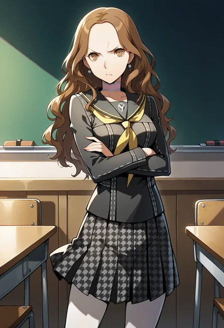 (masterwork, masterpiece, best quality, hyper-detailed :1.1),
1 girl, solo,
p4ebihara, brown hair, long hair, wavy hair, earrings, brown eyes,
p4ebihara-uni, choker, yasogami school uniform, school uniform, white pantyhose, skirt, serafuku, houndstooth,
classroom, standing, looking at viewer, angry, furrowed brow, arms crossed