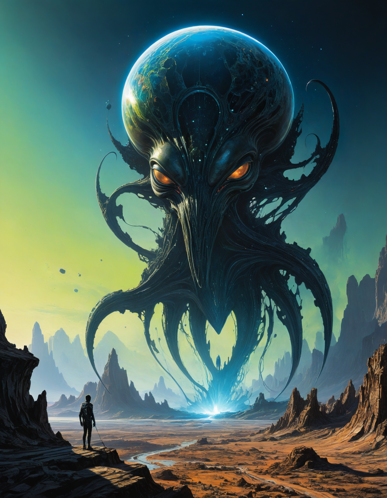 by Stephan Martiniere and Alison Bechdel, (biogenetic,  otherworldly, bizarre, advanced, extraterrestrial,  Alien Landscape, Otherworldly terrain with bioluminescent flora, bizarre rock formations, and alien creatures.:1.4), hyper detailed, poster art, bold lines, expressive drawing,  award winning, (intricate details, masterpiece, best quality:1.4),
looking at viewer, dynamic pose
<lora:add-detail-xl:1> <lora:xl_more_art-full_v1:0.5>  <lora:NicolaSamori:0.5> in the style of nicola samori <lora:looking_at_viewer:2>