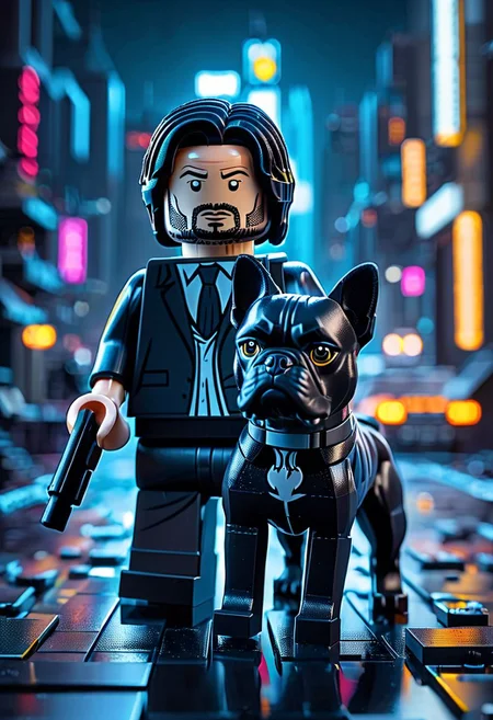 Lego (John Wick) with small black bulldog, dark background, night city