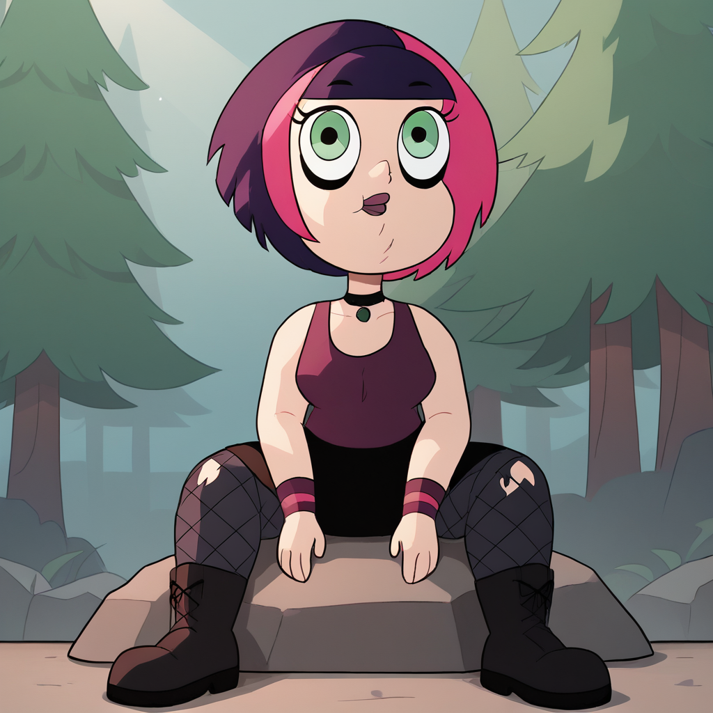 score_9_up, score_8_up, BREAK, IngridBloomgren, 1girl, solo, multicolored hair, pink hair, short hair, green eyes, choker, tank top, black skirt, fishnets, black boots, looking at viewer, forest,   <lora:IngridBloomgren_PXL_Leaf2:1>, sitting on rock,