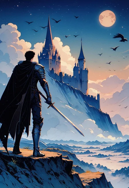(score_9, score_8_up), score_7_up, short hair, black hair, 1boy, holding, standing, full body, weapon, male focus, boots, outdoors, sky, sword, cloud, from behind, cape, holding weapon, armor, torn clothes, fur trim, night, bird, holding sword, moon, cloudy sky, shoulder armor, gauntlets, sheath, star (sky), scenery, full moon, pauldrons, rock, mountain, fantasy, black cape, greaves, castle, tower, cliff, guts (berserk), retro
<lora:nostalgia-000011:0.8>