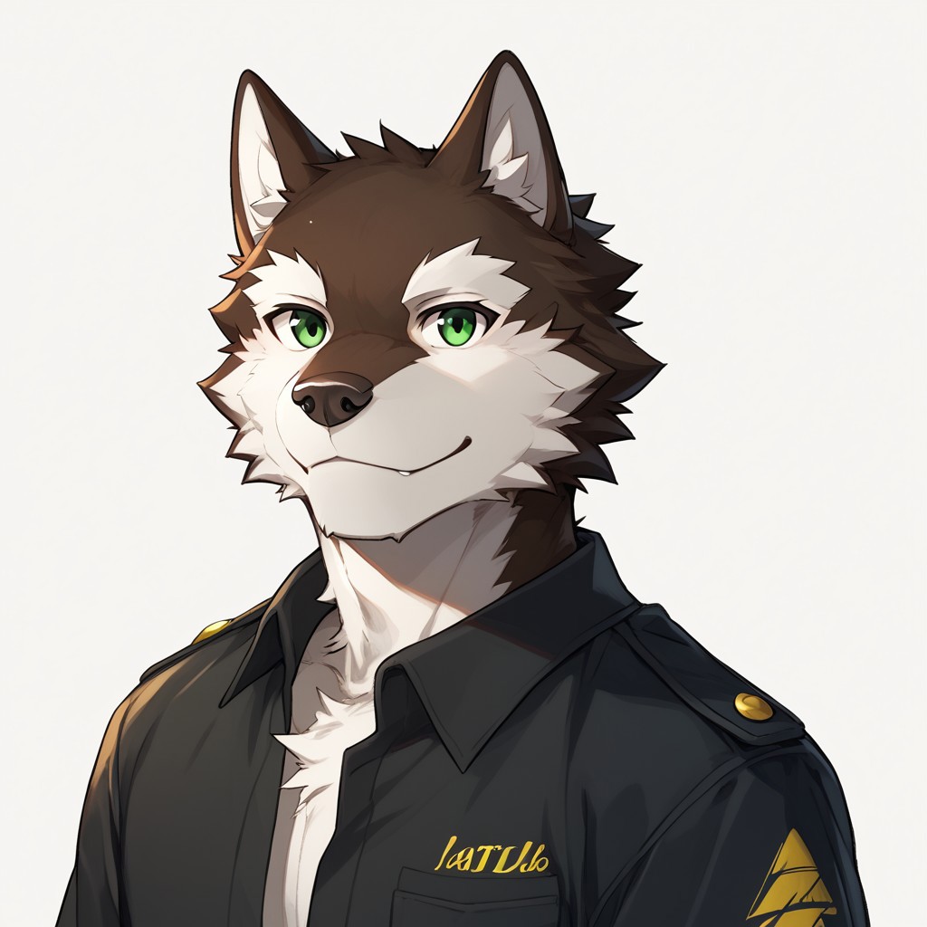 rouon aro, male, wolf, anthro, furry, brown fur, white fur, green eyes, 1boy, furry male, male focus, solo, green eyes, white background, smile, full body, black shirt, looking at viewer, simple background, portrait, masterpiece, ultra detailed, high quality, score_9, score_8_up, score_7_up, score_6_up