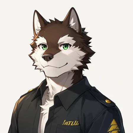 rouon aro, male, wolf, anthro, furry, brown fur, white fur, green eyes, 1boy, furry male, male focus, solo, green eyes, white background, smile, full body, black shirt, looking at viewer, simple background, portrait, masterpiece, ultra detailed, high quality, score_9, score_8_up, score_7_up, score_6_up