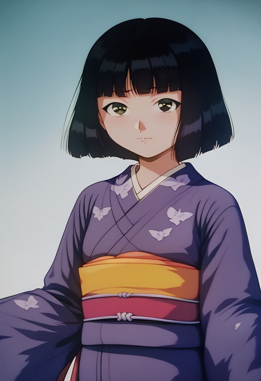 score_9, score_8_up, score_7_up, source_anime, anime illustration, masterpiece, best quality, lots of details, BREAK zPDXLx, mur4k4mi-ip,ruri madarame, bob cut, short hair, black hair, odd eye, right brown eye, left green eye, japanese clothes, kimono, purple kimono, ruri madarame, 1girl, solo, bangs, sash, obi, looking at viewer, blunt ends, blunt bangs, closed mouth, chibi