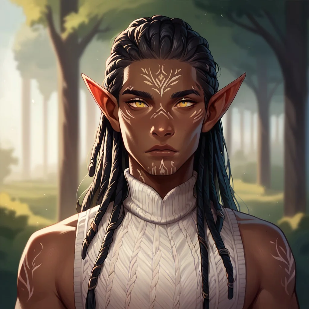 (((detailed, beautiful, high quality))), score_9, score_8_up, score_7_up, upper body,
elf, pointed ears,
1 male, black hair, long hair, dreadlocks, yellow eyes, dark skin, white sleeveless sweater, white elven tattoos,
looking at the viewer, posing,
blurred background, fantasy background,