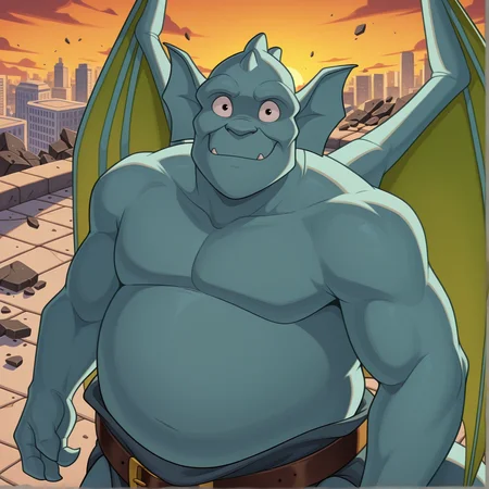 broadwayxl, anthro, teal gargoyle, solo, upper body, fat, lookig at viewer, loincloth, cartoon, stone floor, modern cityscape, wings, (gold buckle:0.5), sunset, debris, light smile