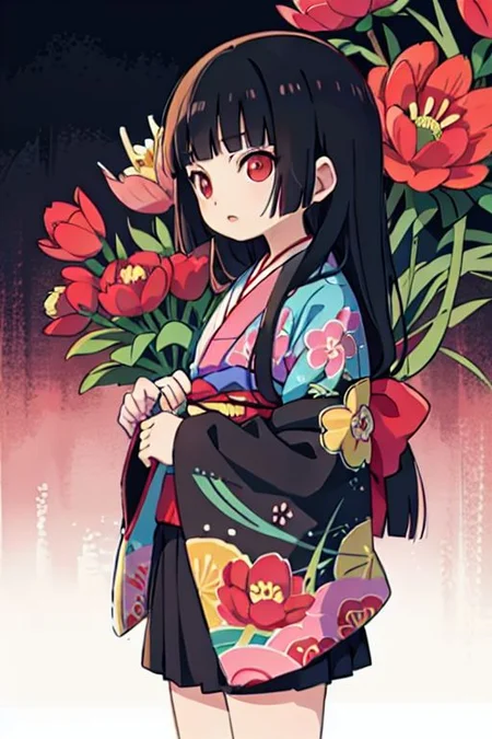 enma ai, hair down, hair black, bangs, eyes red, masterpiece, best quality, ultra-detailed, illustration, 1girl, solo, highres, photorealistic, ultra high res, (Original illustration composition), (fusion of limited color, Maximalism artstyle, kimono obi fashion, double exposure, background, illustration, Amazing, lily spider, night darkness, open one's mouth, finger, flowers red, (polychromatic peony:1.15), Movie poster,