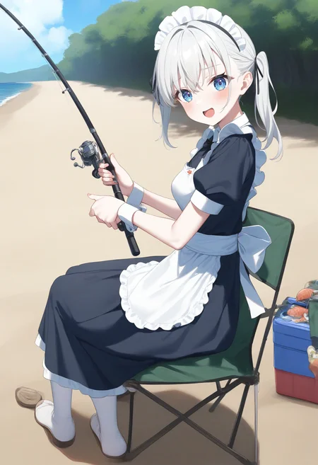 1girl,sincos, ningen mame, toosaka asagi,solo,medium breasts,20yo,maid,maid headdress,
fishing, fishing rod, sky, sitting, day, outdoors, holding fishing rod, cooler, ocean, fishing line,<lora:fishing_XL_v1:0.8>
from side, full body, looking back, white hair, gray eyes,laugh, open mouth, bow-shaped hair,,
best quality, very aesthetic, absurdres